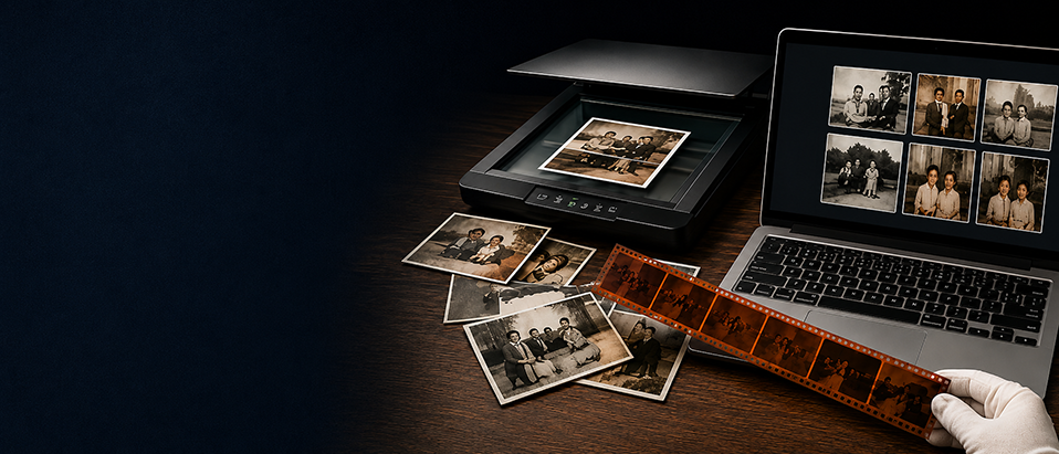 Photo digitisation and negative film scanning with scanner, old photographs and film negatives