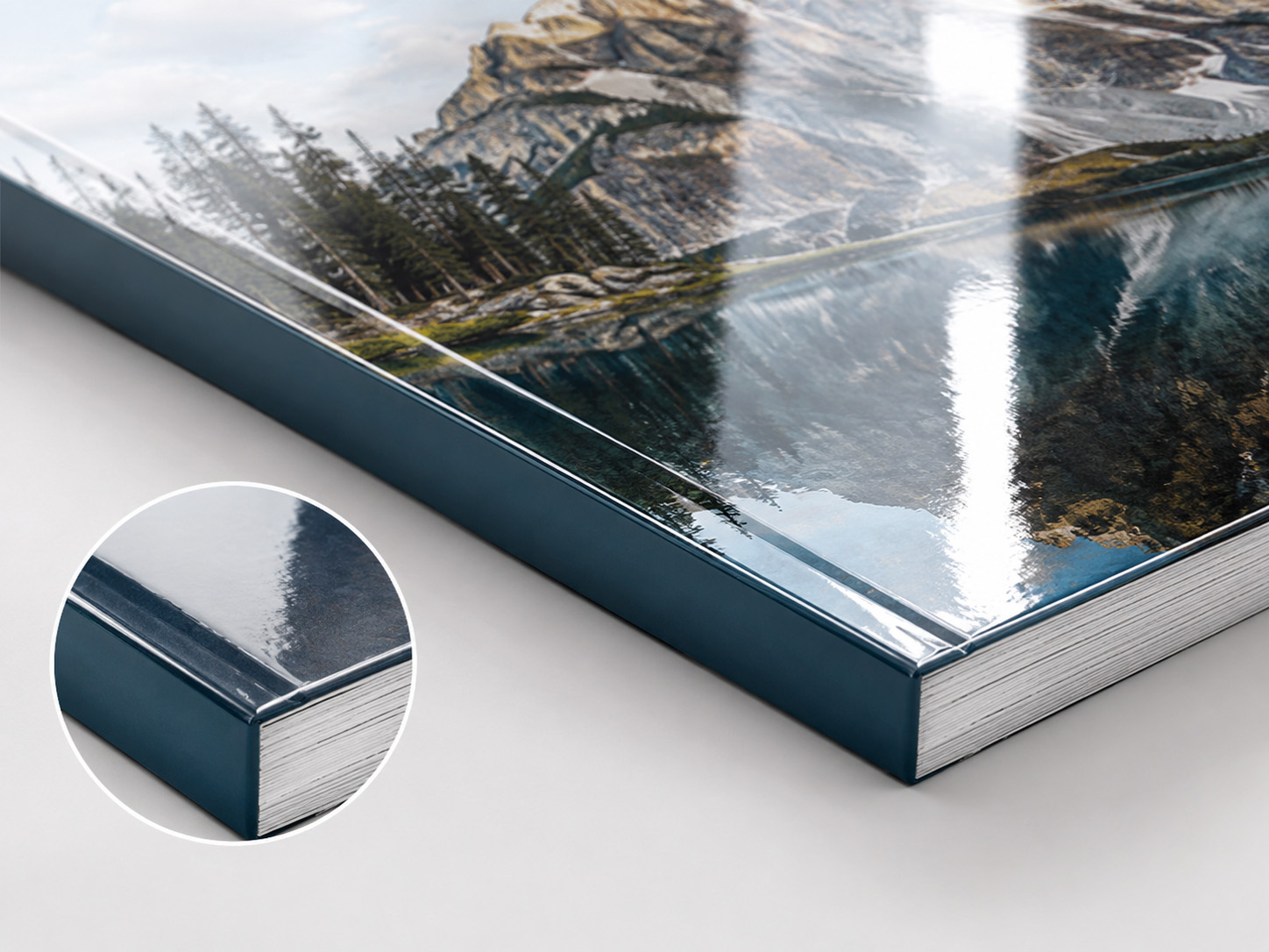 Glossy laminated soft cover photobook with reflective finish