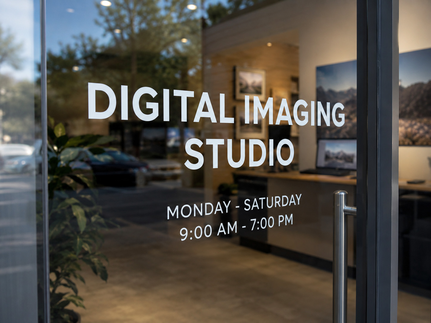 Completed white die-cut vinyl lettering installed on a glass door