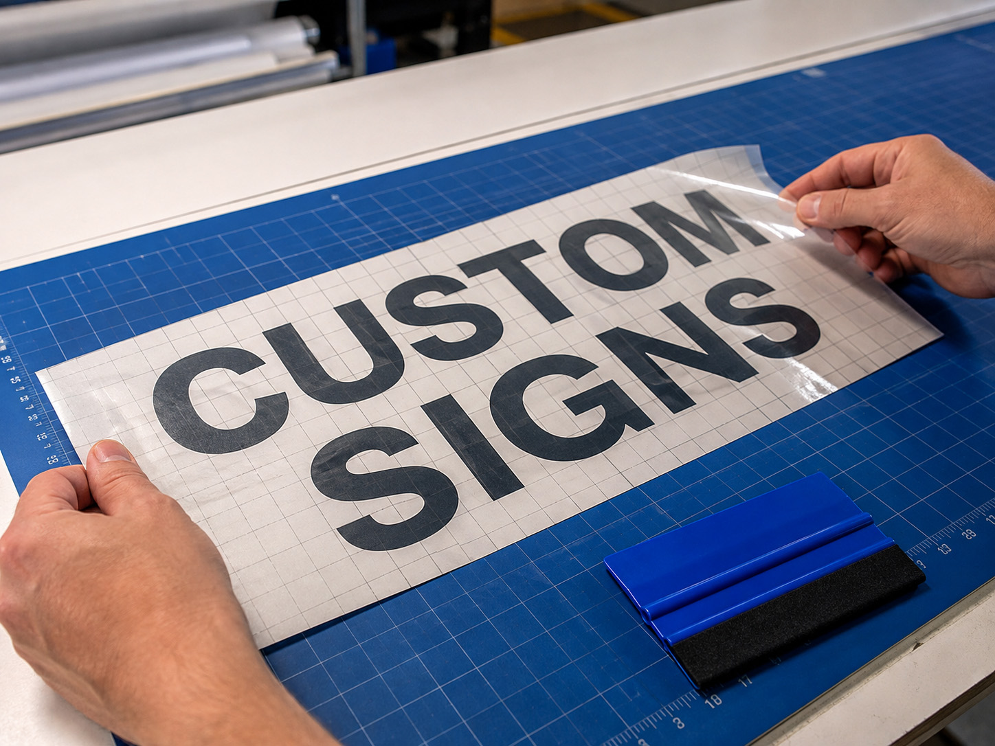 Transfer tape being applied over finished die-cut vinyl lettering