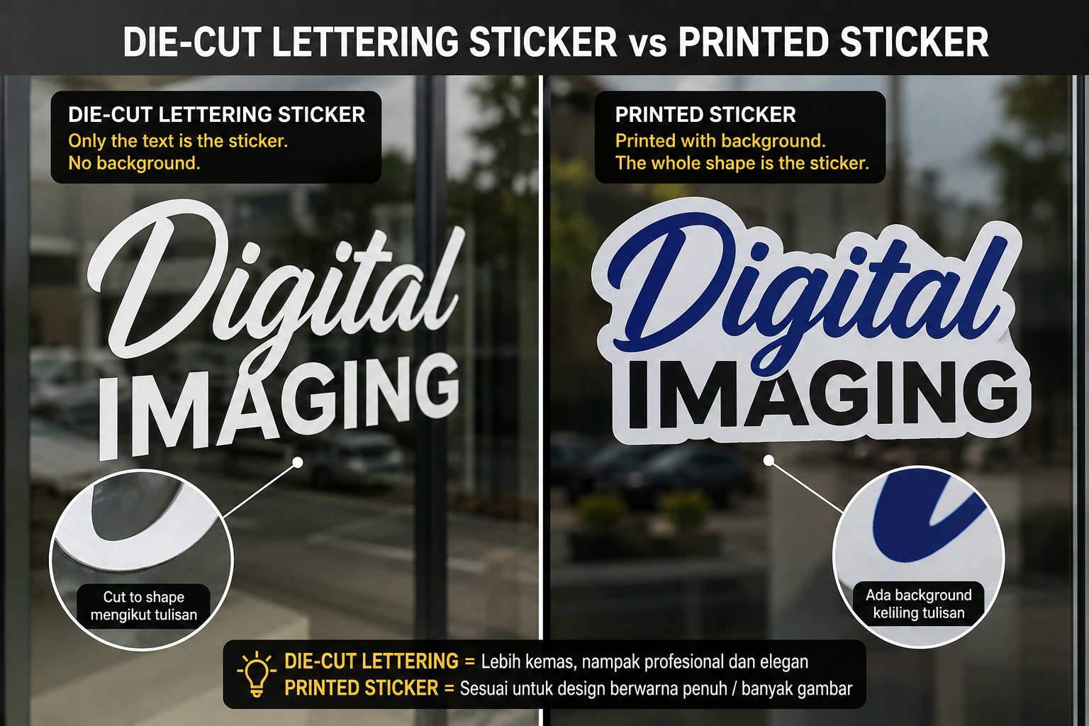 Comparison between die-cut lettering sticker and printed sticker