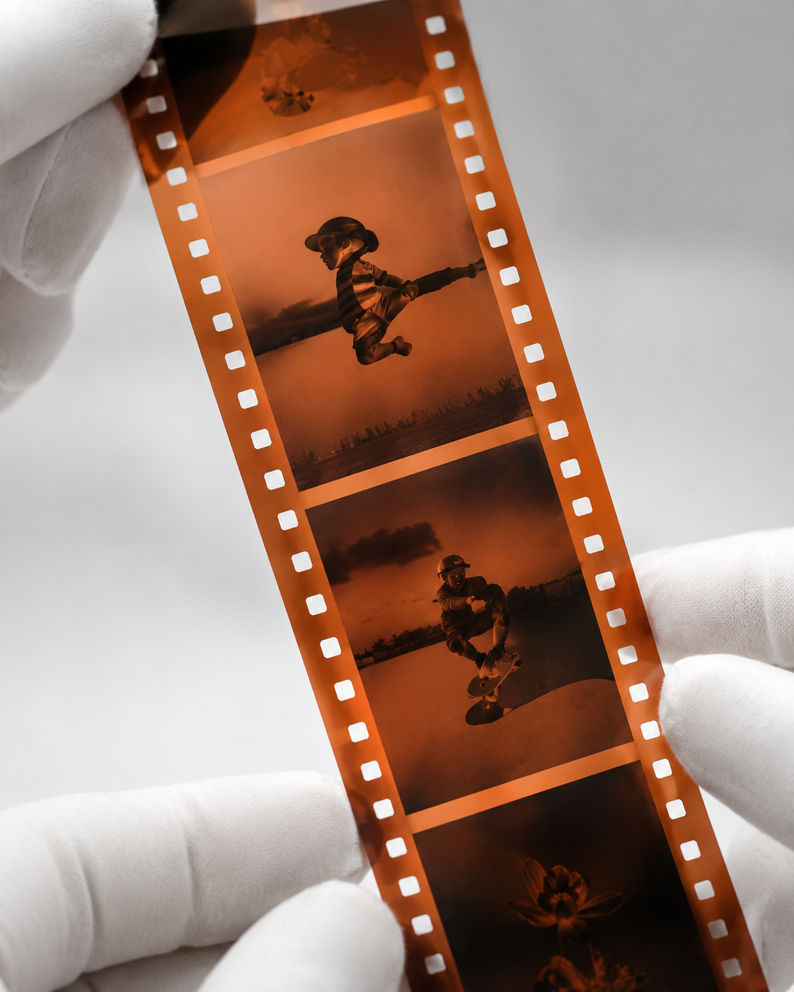Processed developed negative film with visible image frames