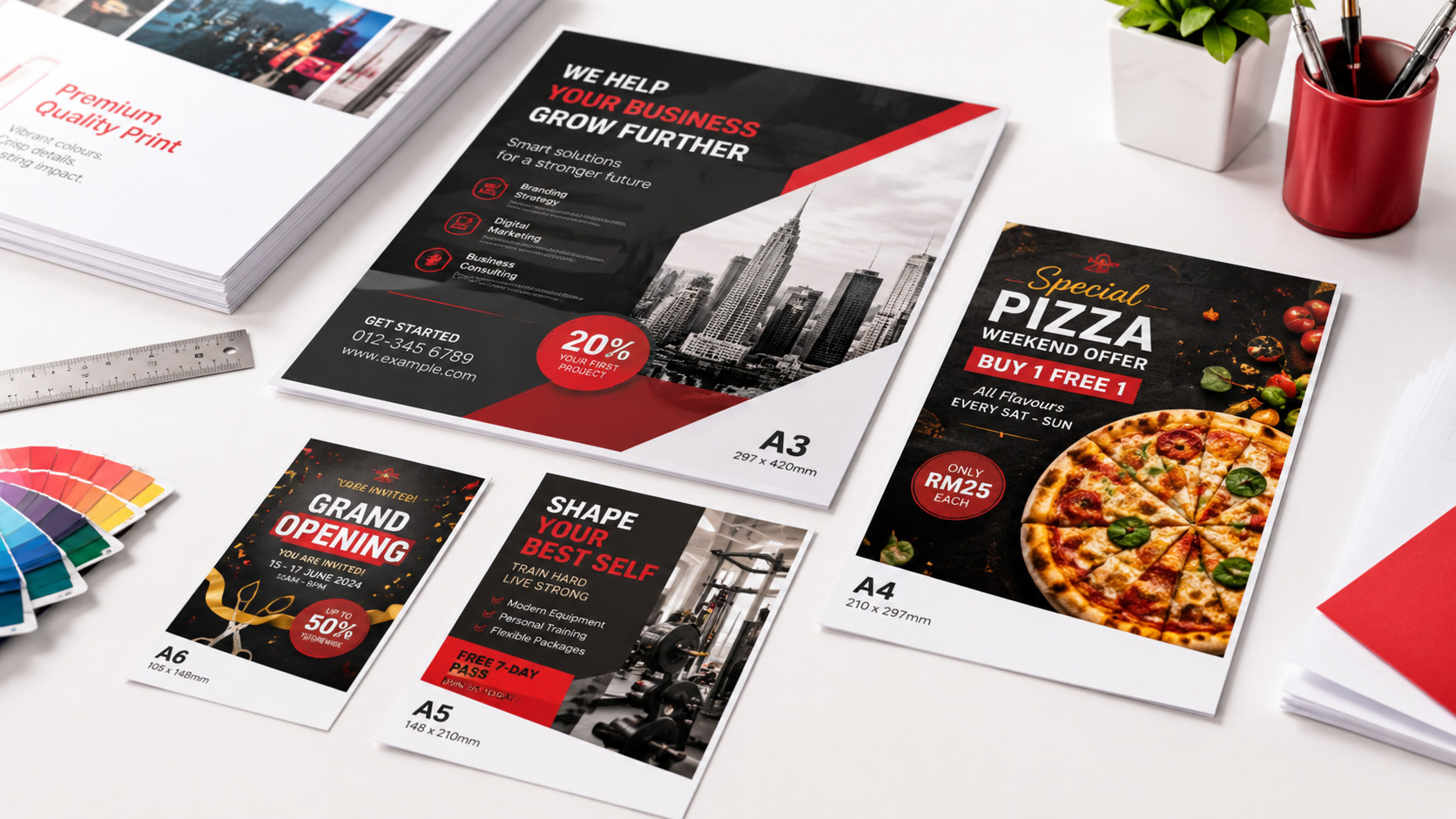 Professional full colour flyer printing in A3 A4 A5 and A6 sizes
