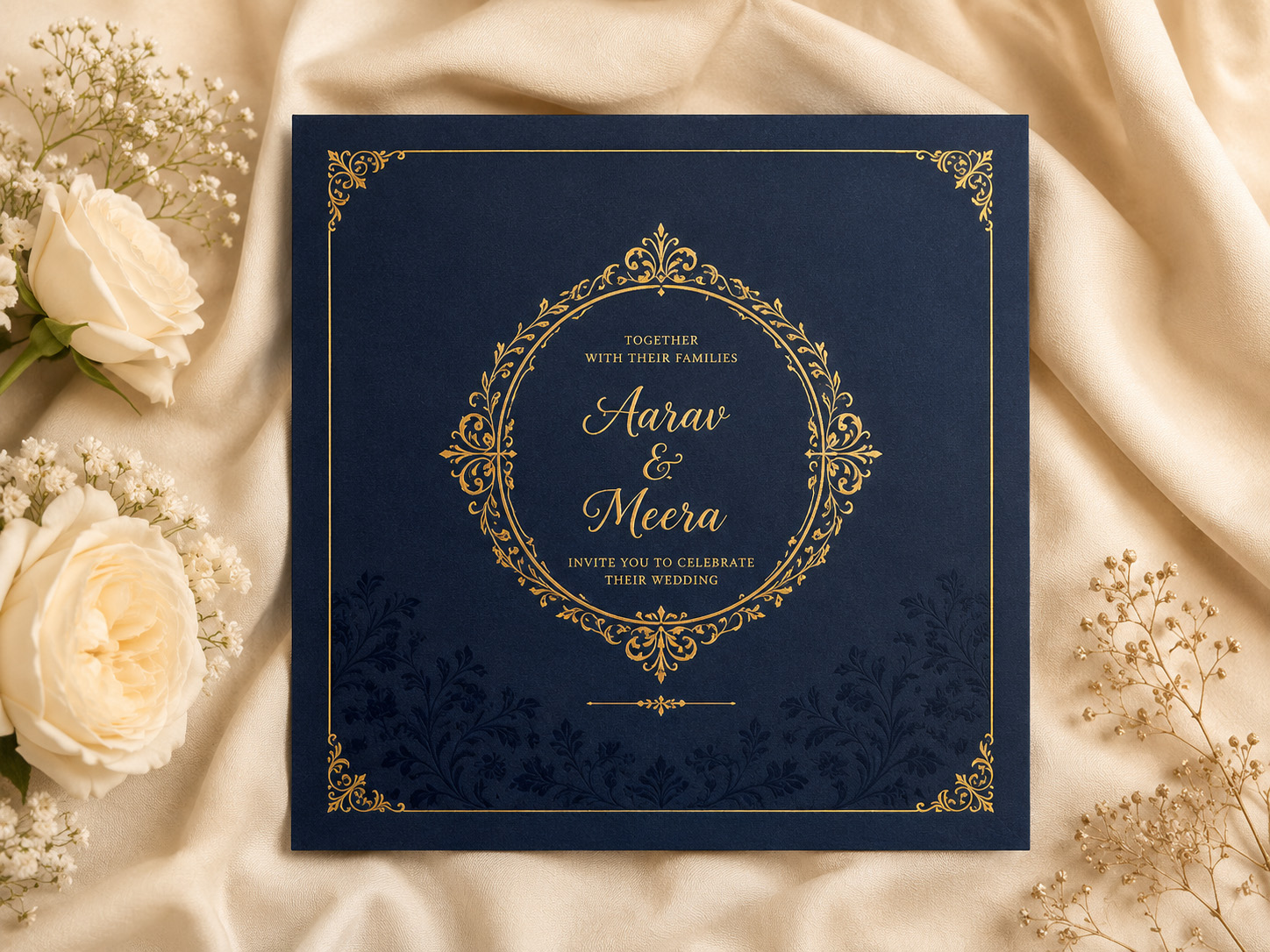 Square invitation card measuring 150 by 150 millimetres
