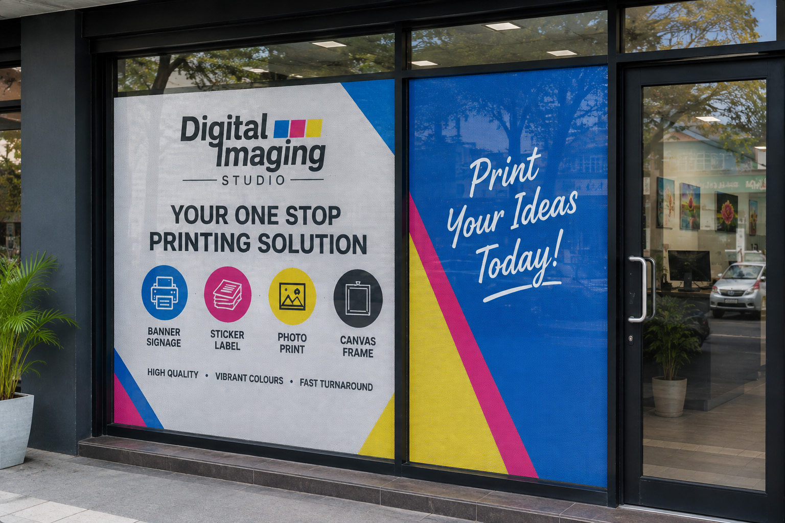 Outside view of One Way Vision Sticker showing printed graphics on the glass