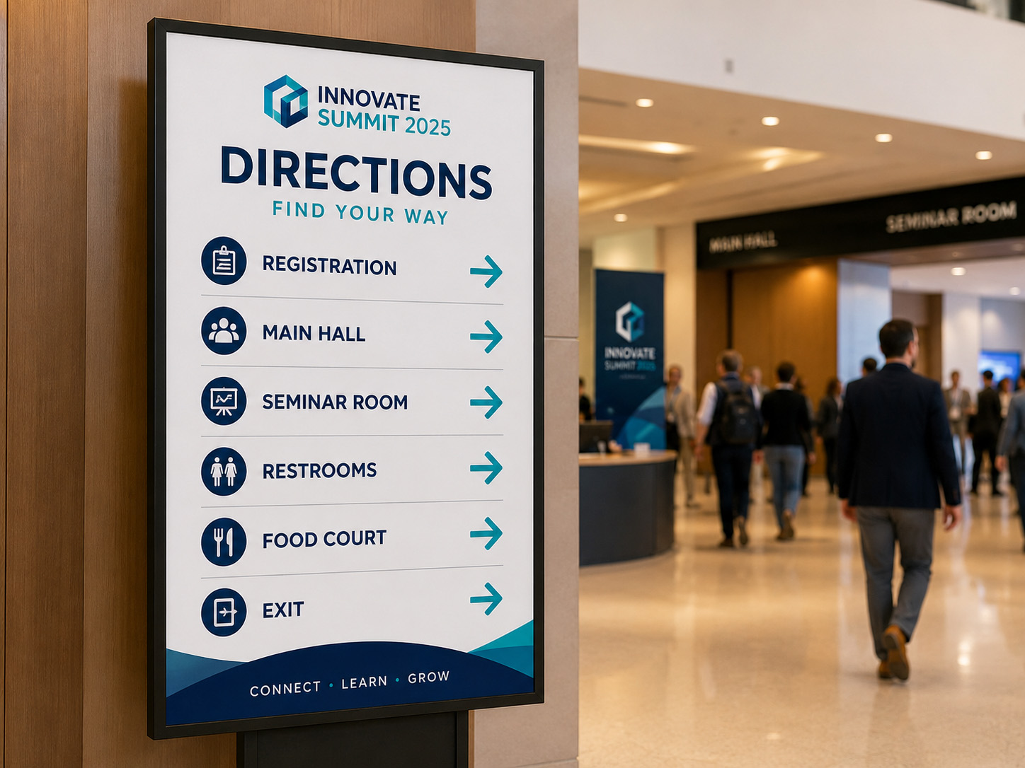 Directional poster guiding visitors inside an event venue