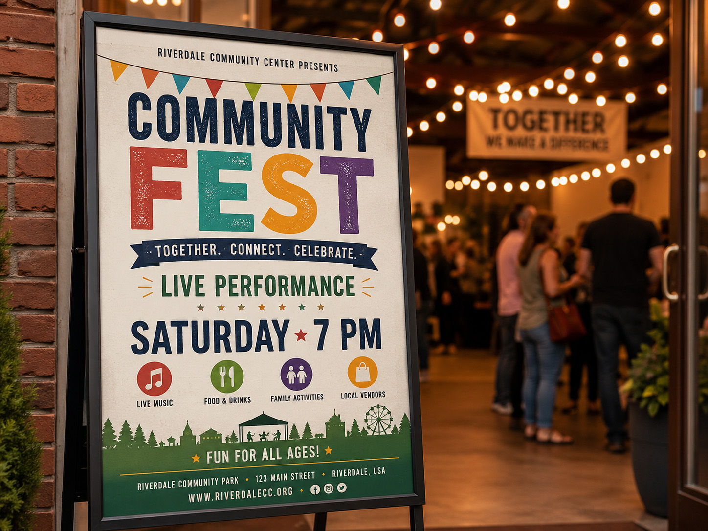 Event and community activity poster displayed at a venue
