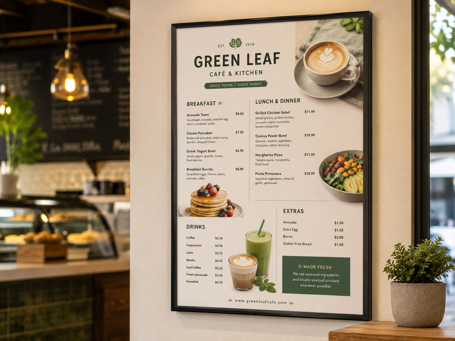 Restaurant menu and price list poster displayed inside a cafe