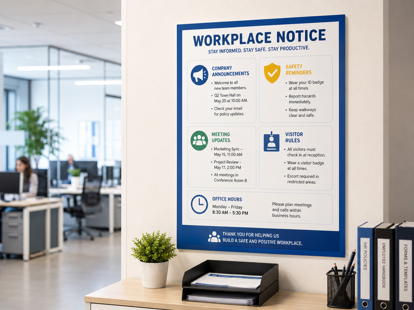 Workplace notice poster displayed inside a modern office