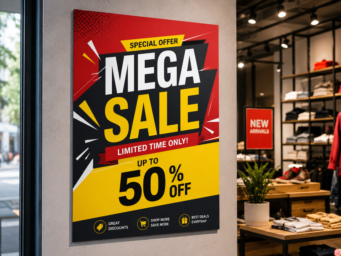 Promotional and sales poster displayed in a retail shop