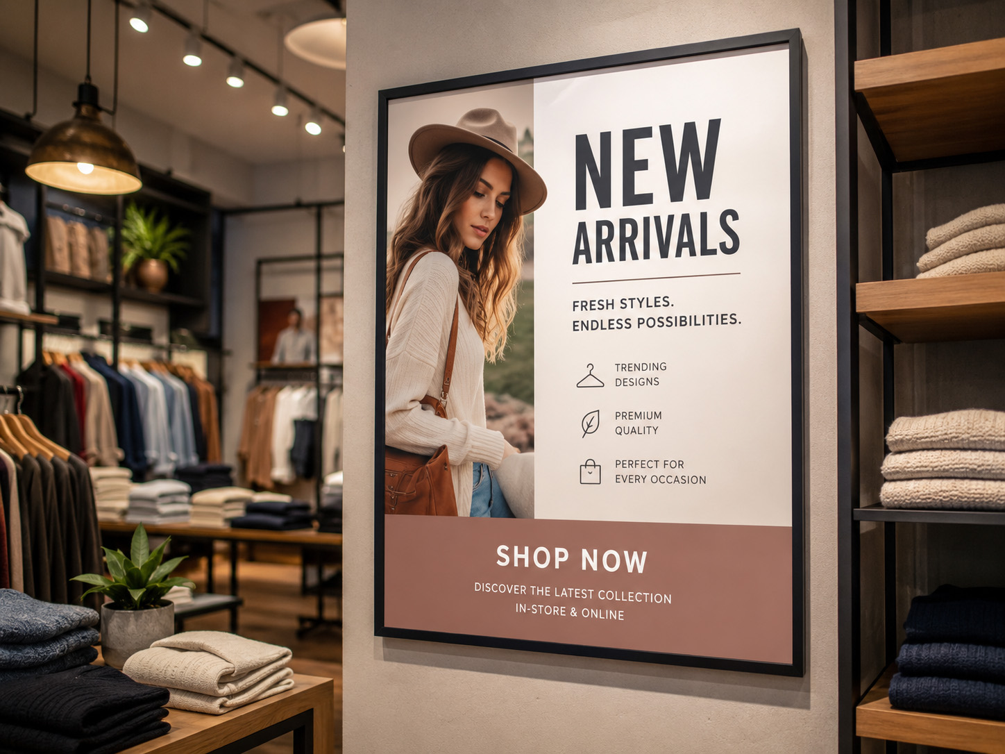 Retail promotional display poster inside a clothing store